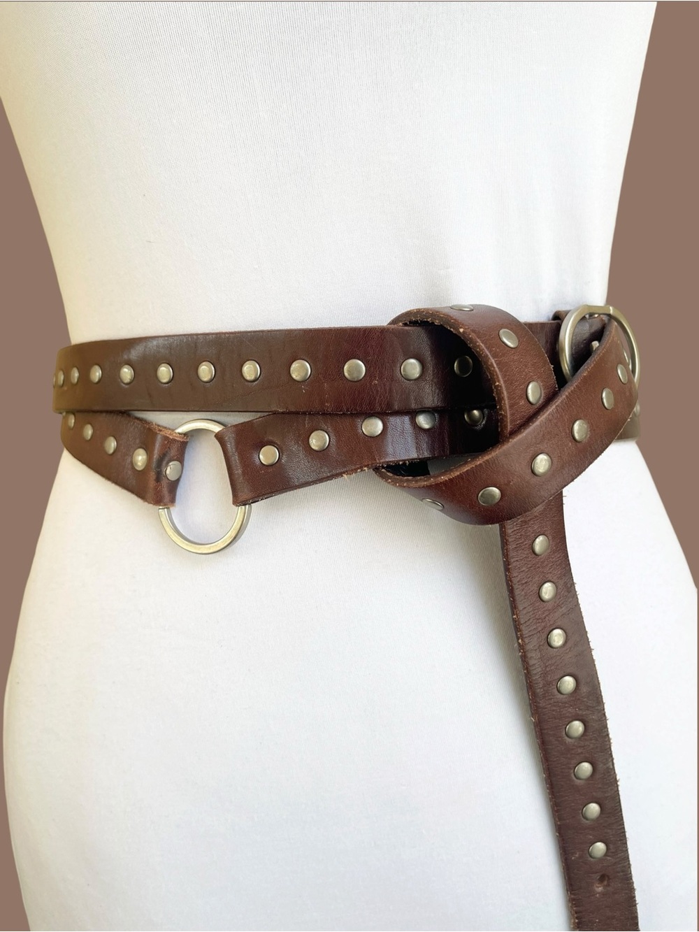 Silpada Designs Brown Studded Leather Belt Double Wrap O Ring Boho 90s Size L